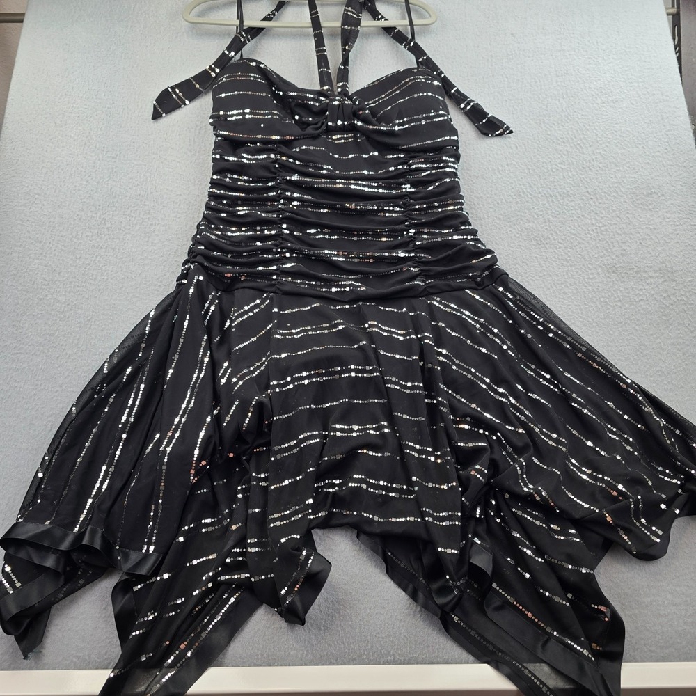 VTG Deb Fit & Flare Dress Womens Black Sequin Ruched Asymmetric Handkerchief Hem